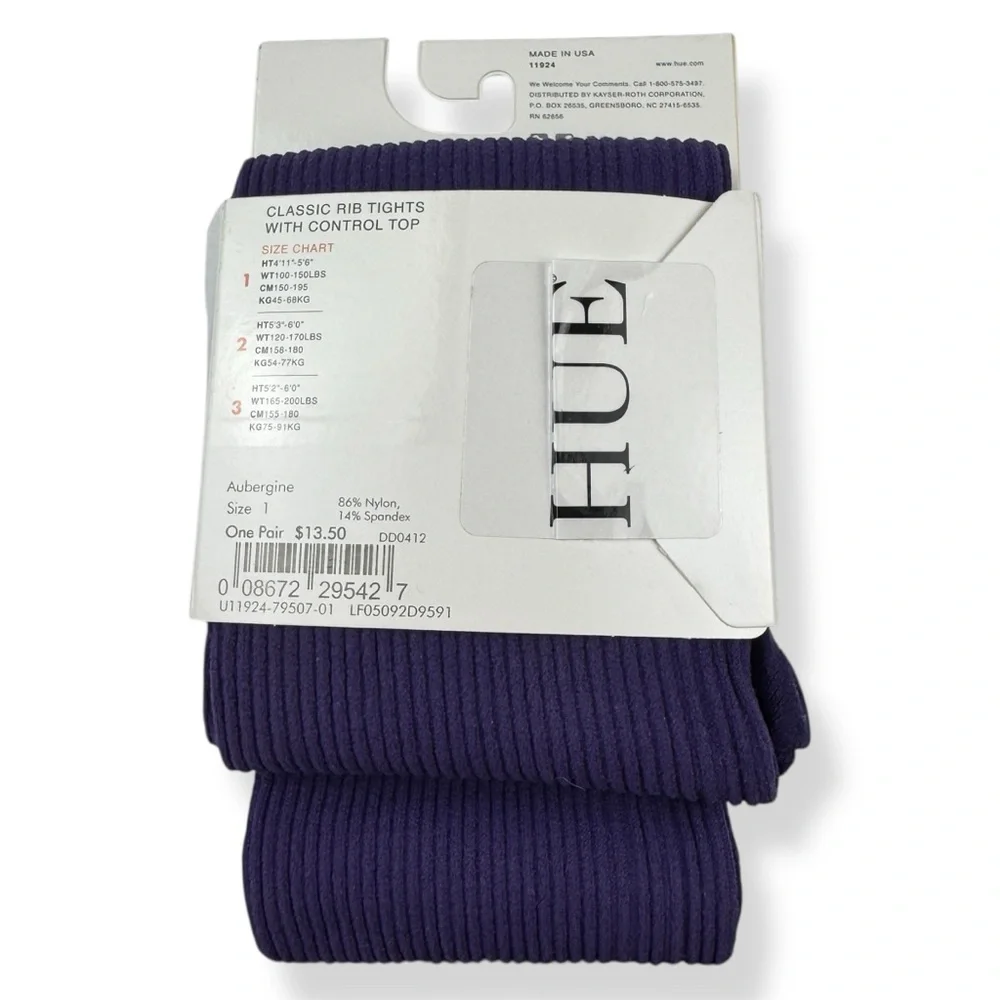 HUE‎ Classic Rib Control Top Tights Womens Size 1 Aubergine Purple